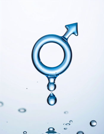 Water drop with male gender symbol on blue background. 3D renderingの素材