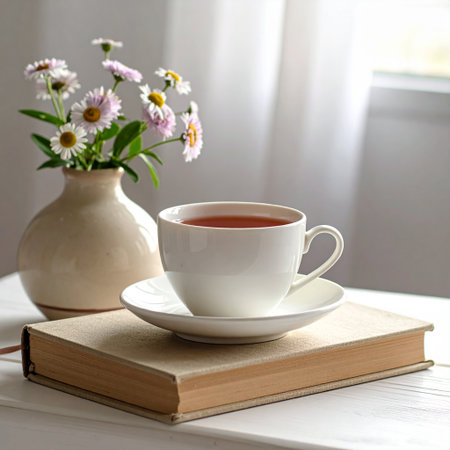 Cup of tea, books and bouquet of daisies on the windowsillの素材
