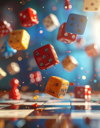 Flying red dice with bokeh background. 3D Renderingの素材