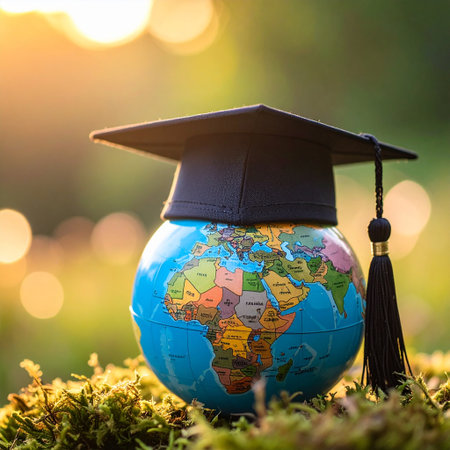 Graduation cap on the globe in the forest. Education concept.の素材