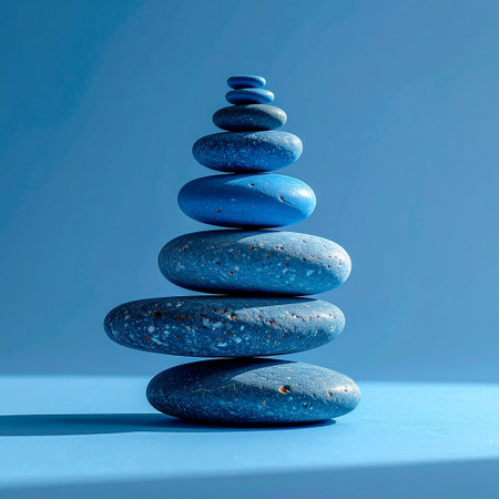 Pile of zen stones on blue background. Zen concept.の素材