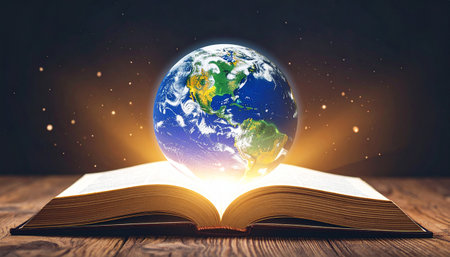 Globe on open book with glowing light. Elements of this image are furnished by NASAの素材