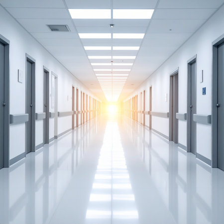 3D render of a corridor in a hospital or clinic with open doorsの素材
