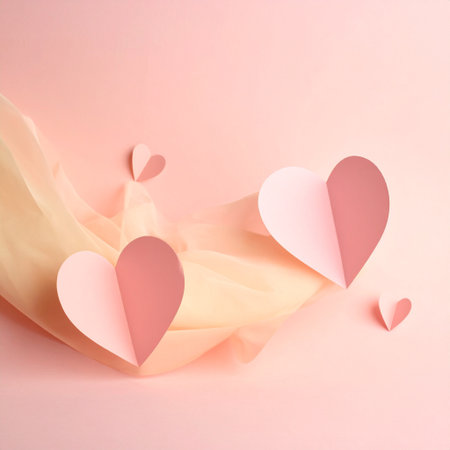 Paper hearts and yellow fabric on pastel pink background. Valentines day concept.の素材