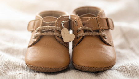 A pair of brown baby shoes with a heart on a white backgroundの素材