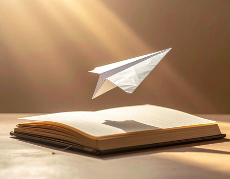 Paper plane flying on open book with rays of light in the backgroundの素材