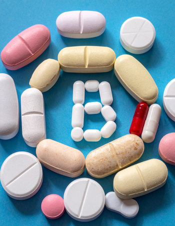 Assorted pharmaceutical medicine pills, tablets and capsules over blue background.の素材