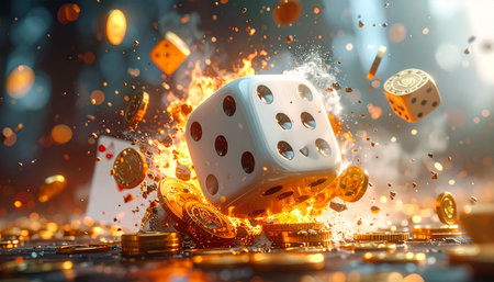 3d rendering of flying dice in fire with casino chips on backgroundの素材