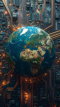 Planet Earth on the background of the motherboard of the computer. 3d renderingの素材
