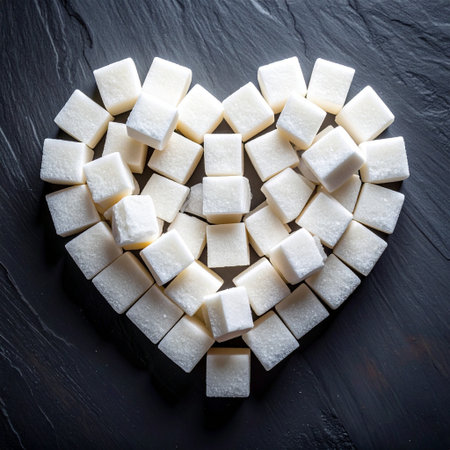Sugar cubes in shape of heart on black background, top viewの素材