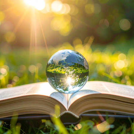 Globe and open book on green grass with sun rays. Ecology conceptの素材
