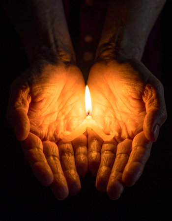Burning candle in hands of an elderly woman on a dark backgroundの素材