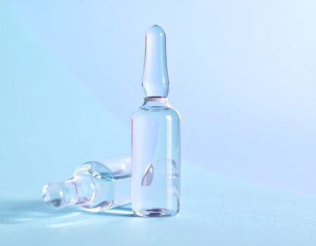 Transparent medical ampoule on blue background. Close up.の素材