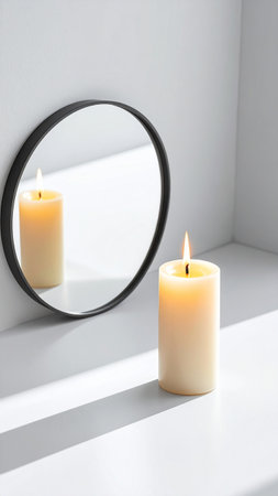 Burning candles in a round mirror on a white wall background.の素材