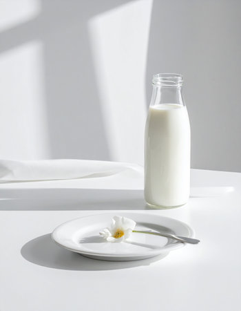 Glass bottle of milk and chamomile on a white tableの素材
