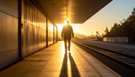 Silhouette of a man walking in a train station at sunsetの素材