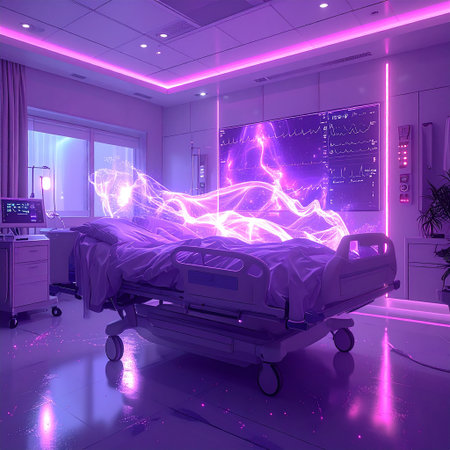 3D rendering of an operating room with a hospital bed and a patientの素材