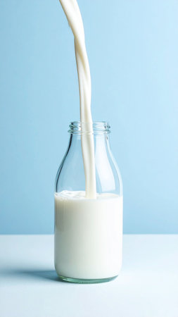 Milk pouring into a glass bottle on blue background. Copy space.の素材