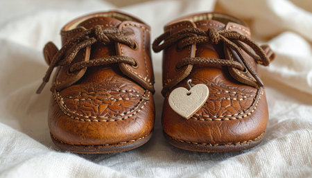 A pair of brown leather baby shoes with a heart shape on itの素材