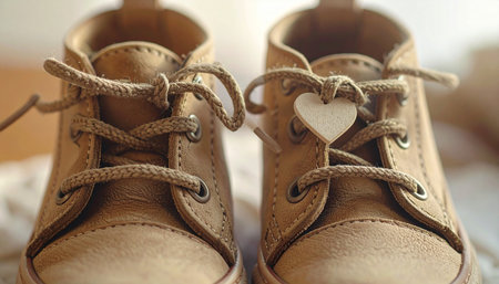 Closeup of brown leather shoes with heart shape on the background.の素材
