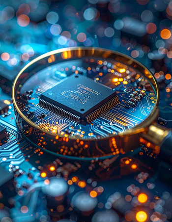 Circuit board close-up with magnifying glass. Technology backgroundの素材