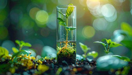Green seedling growing in test tube on soil with green bokeh backgroundの素材