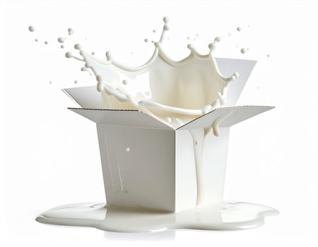 milk splashing out of a box isolated on white background.の素材