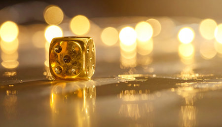 Golden dice with bokeh lights on black background, closeupの素材