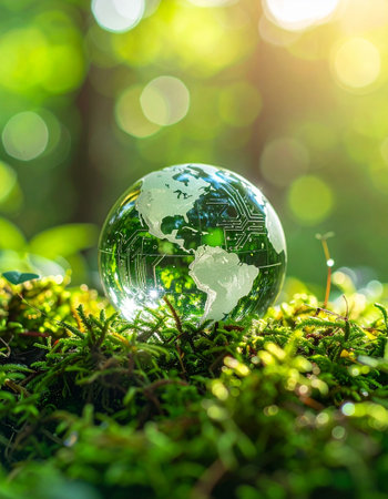Glass globe on green moss with bokeh nature background. Ecology concept.の素材