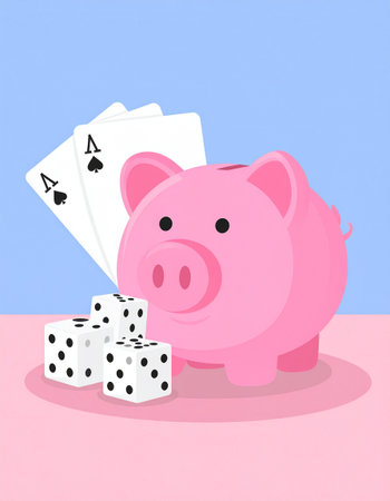 Piggy bank with playing cards and dice. Vector illustration.の素材