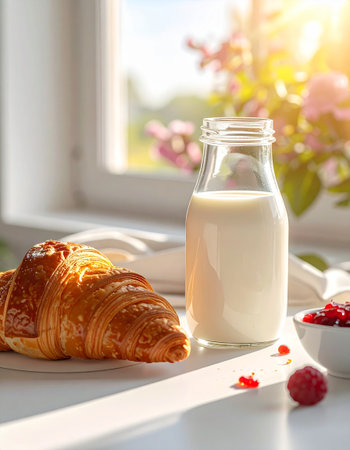 Fresh milk and croissant on the windowsill in the morningの素材