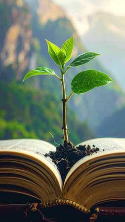 Green seedling growing from an open book on a background of mountainsの素材