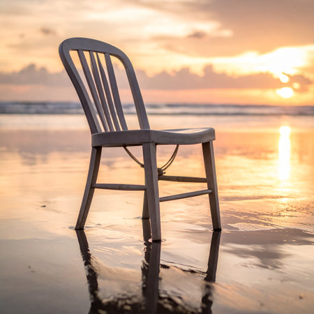 Wooden chair on the beach at sunset with reflection in the waterの素材