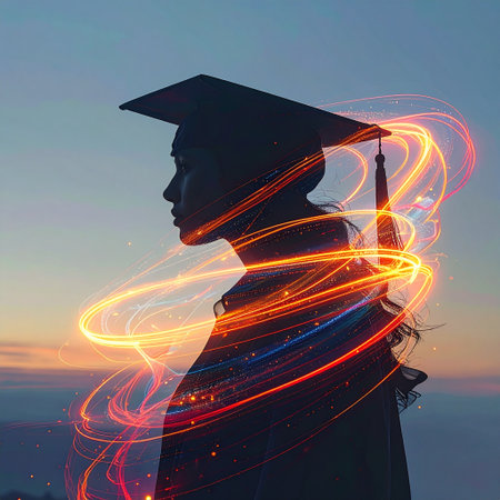 Double exposure of silhouette of a female graduate in a graduation cap with glowing lights in the background.の素材