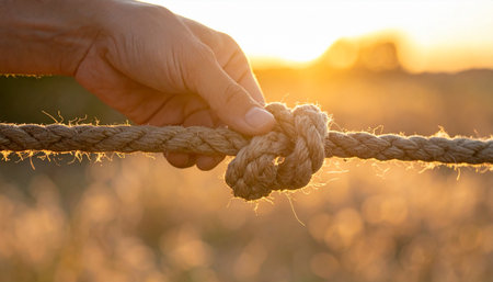 Rope tied in a knot on a wheat field at sunset.の素材