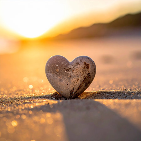 Heart shaped stone on the beach at sunset, shallow depth of fieldの素材