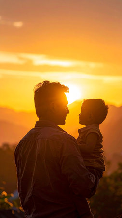 Father and son looking at the sunset in the mountains. The concept of a happy family.の素材