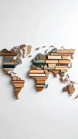 World map made of books on white background. 3D illustration.の素材