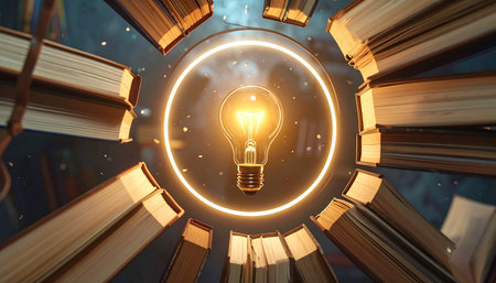 Glowing lightbulb on a book surrounded by books. 3D renderingの素材