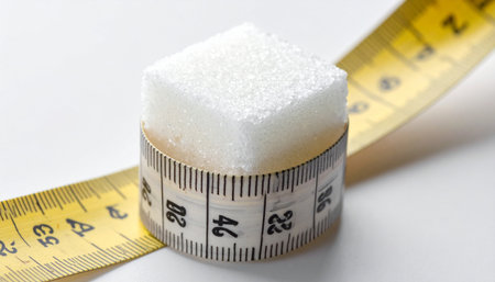 White sugar cubes and measuring tape on white background. Diet concept.の素材