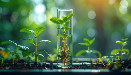 Plant seedling in test tube with soil and green nature backgroundの素材