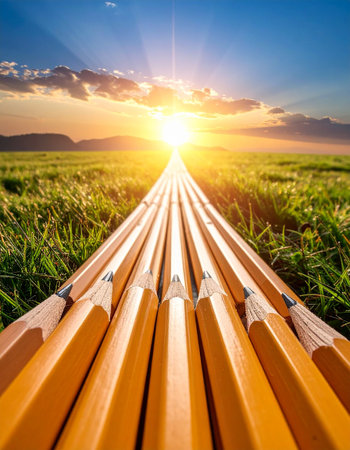 Wooden pencils on green field and beautiful sunset in the backgroundの素材