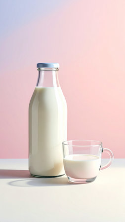 Milk in a bottle and a glass on a light background.の素材