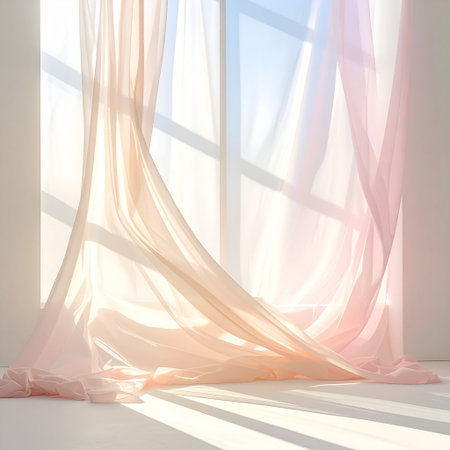 Curtain in white room with sun light. 3d render.の素材