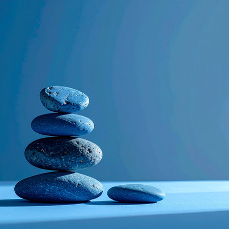 Pile of blue zen stones on blue background with copy spaceの素材