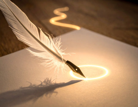 Feather pen and paper with light beam on wooden table. Vintage style.の素材