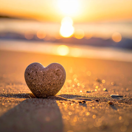 Stone heart on the beach at sunset. Valentine's day concept.の素材