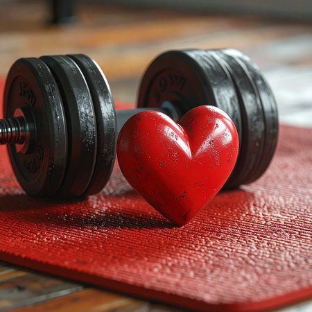 A pair of black dumbbells with red heart on a red matの素材