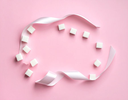 White sugar cubes and white ribbon on pink background, top view.の素材