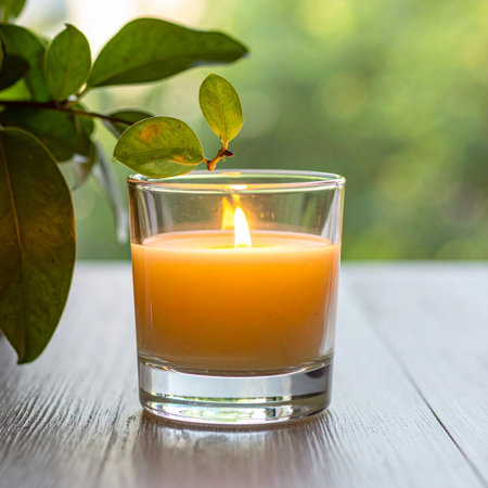 Burning candle in glass with green leaves on wooden table, outdoorの素材
